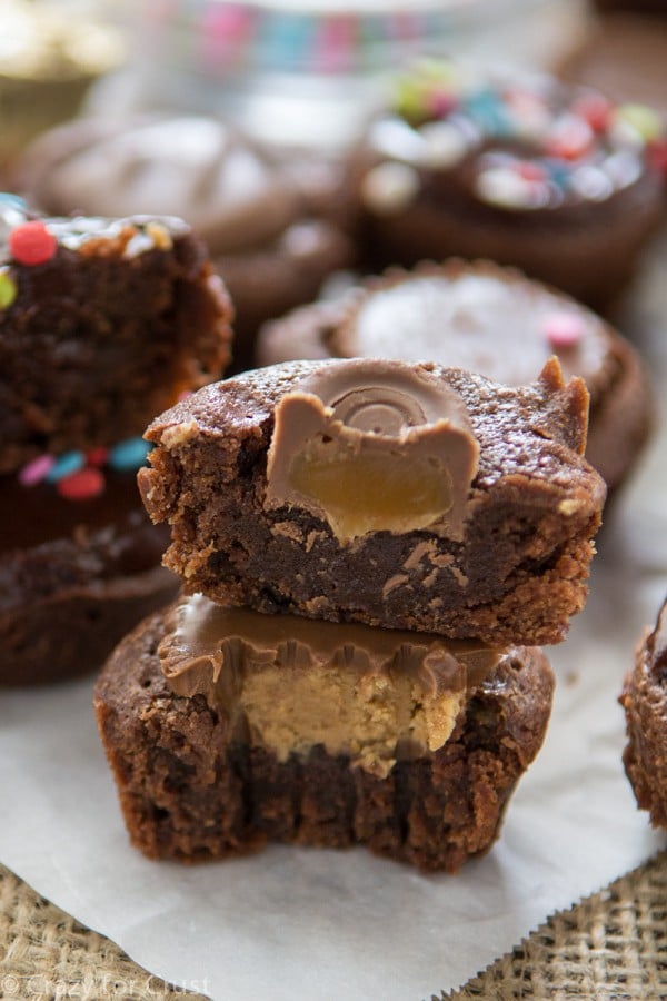 The Best Brownie Bites have Rolos and peanut butter cups on top!