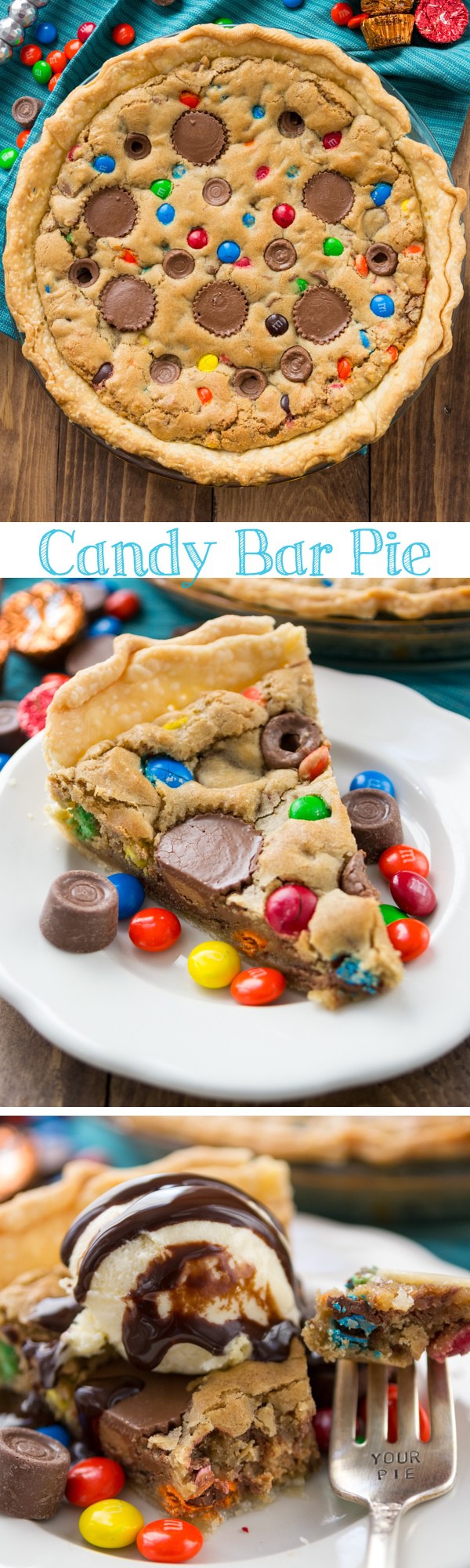Candy Bar Pie - you must make this blondie pie! It's filled with peanut butter cups, Rolos, and M&Ms! Collage photo