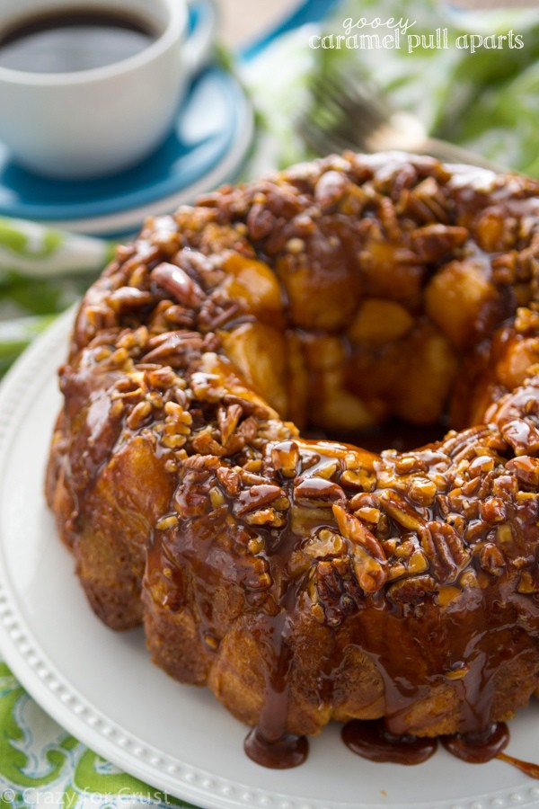 Gooey Caramel Pull Apart cake on a white plate