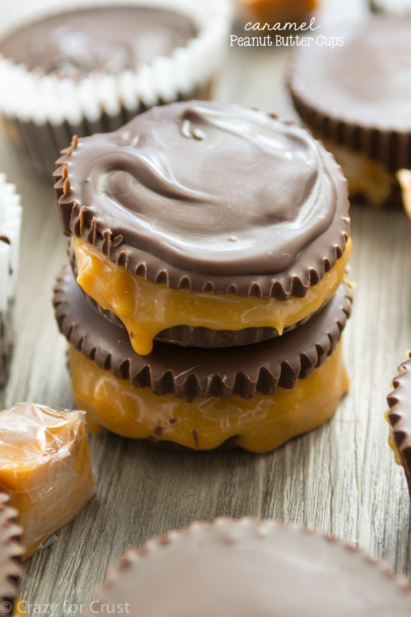 Homemade Caramel Peanut Butter Cups are filled with peanut butter and gooey caramel in a stack