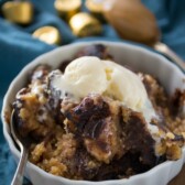 cake in white dish with ice cream