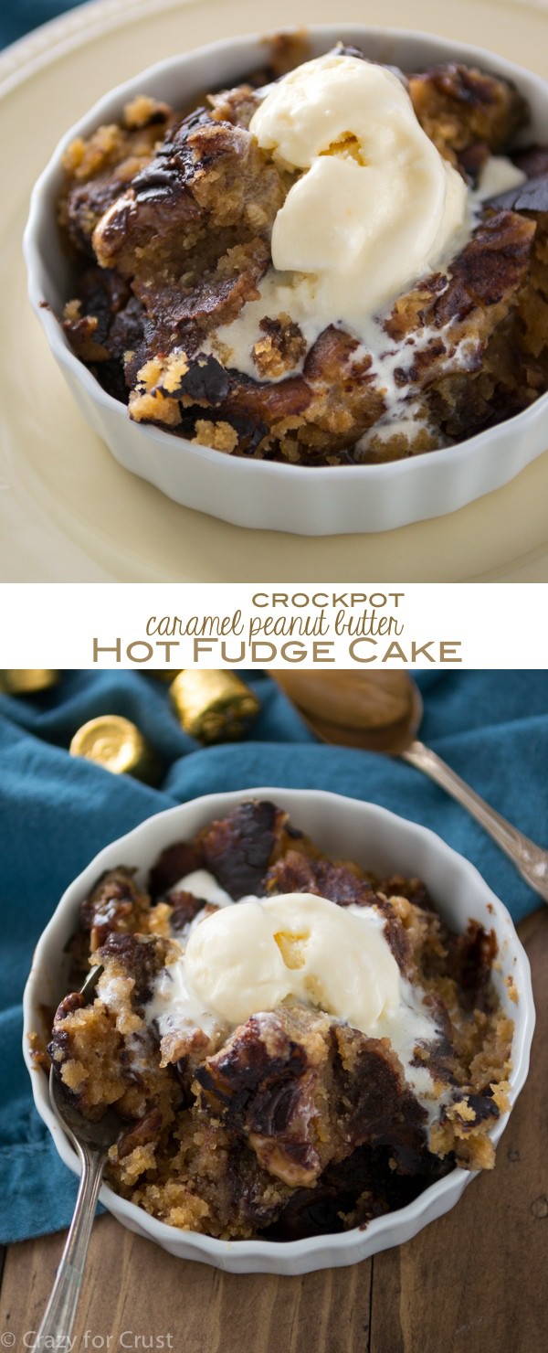 This Crockpot Caramel Peanut Butter Hot Fudge Cake is warm and gooey and awesome with ice cream!