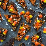 overhead shot of toffee bark with halloween sprinkles