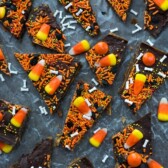 overhead shot of toffee bark with halloween sprinkles