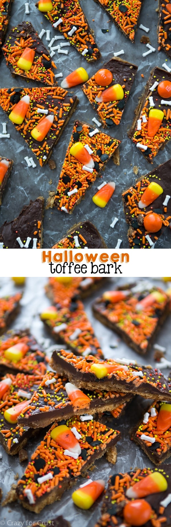 This Halloween Toffee Bark is made with graham crackers and candy corn!