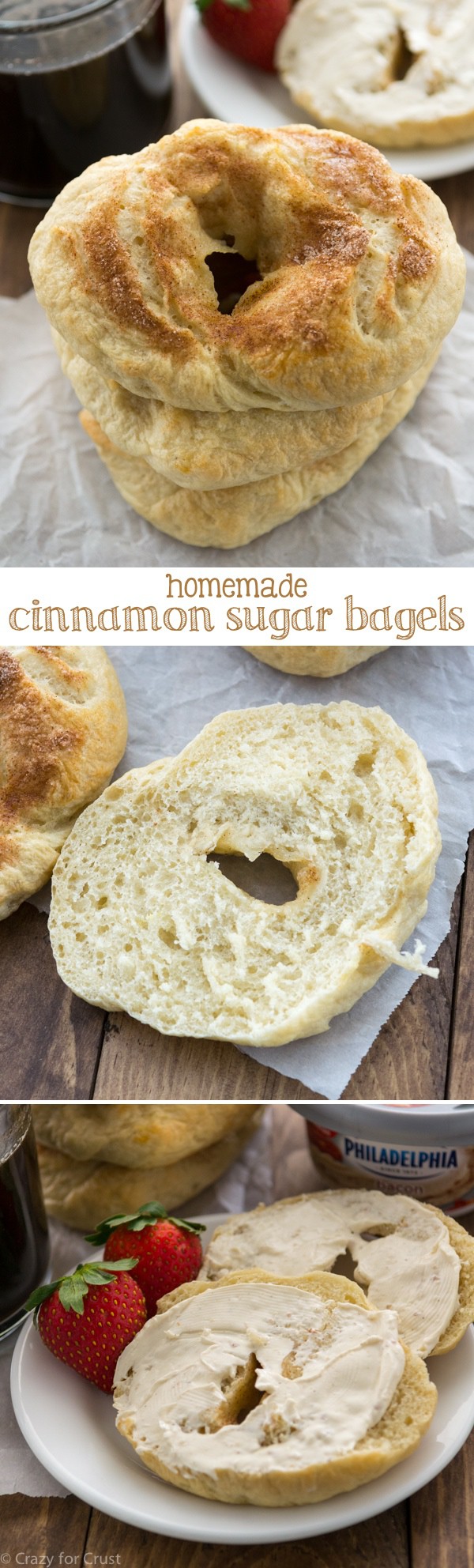 Cinnamon Sugar Bagels are easy to make at home! They're boiled for an authentic bagel flavor and topped with cinnamon sugar before baking. The perfect breakfast!