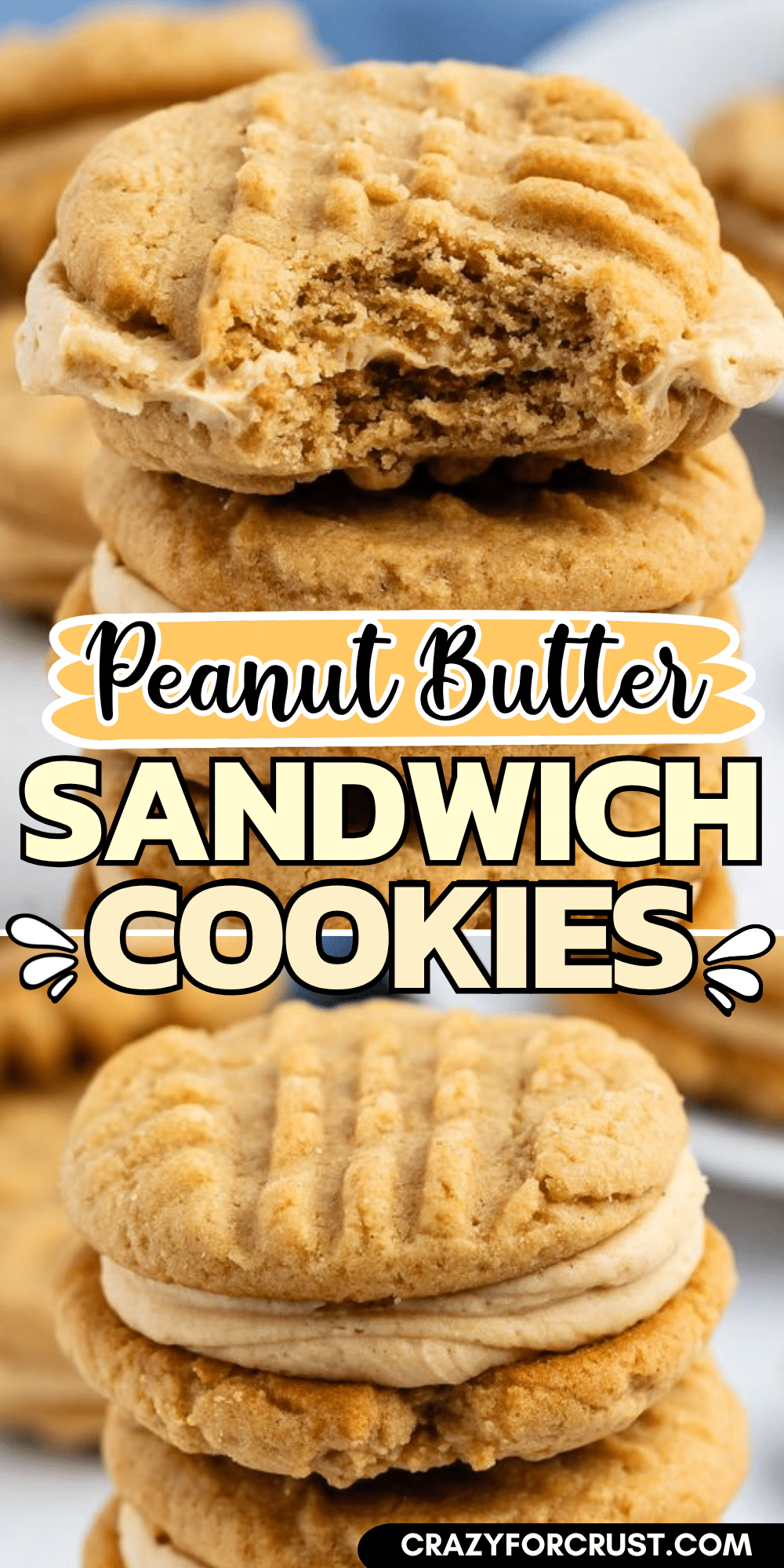A stack of irresistible Peanut Butter Sandwich Cookies, one with a bite taken out, filled with creamy peanut butter, sits on a plate. Text reads Peanut Butter Sandwich Cookies.