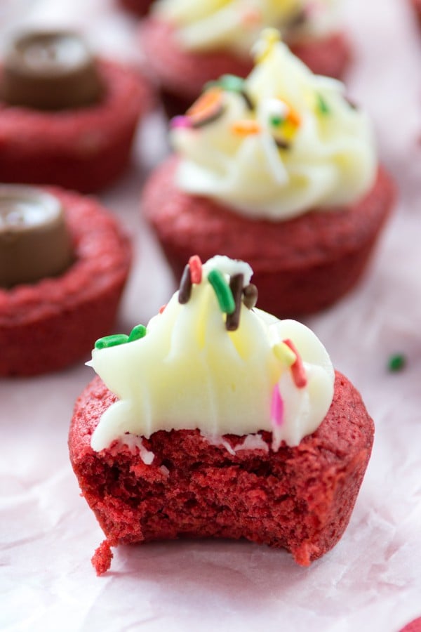 Red Velvet Brownie Cups with bite missing
