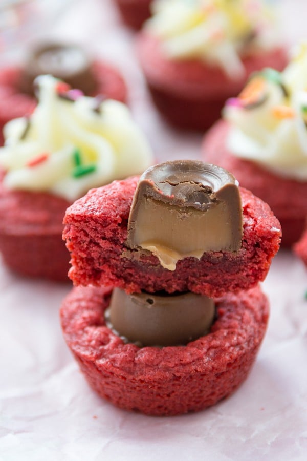 Red Velvet Brownie Cups stuff with Rolos!