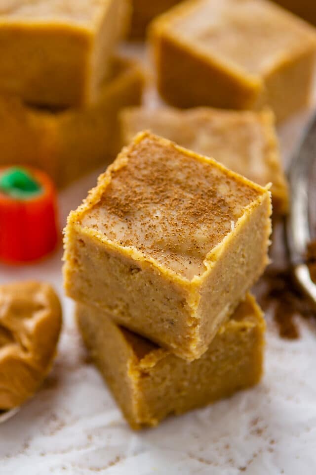 stack of fudge on white parchment