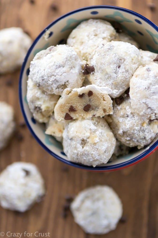 This Chocolate Chip Snowball Cookies recipe adds chocolate chips to Russian Tea Cake Cookies!