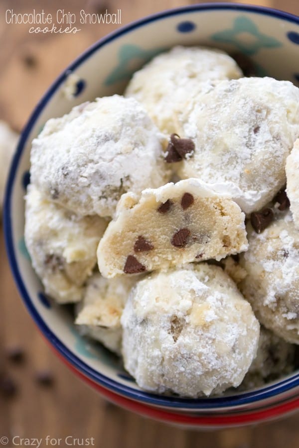 Chocolate Chip Snowball cookies in a blue and white bowl