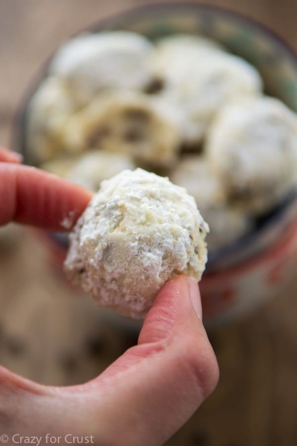 This Chocolate Chip Snowball Cookies recipe adds chocolate chips to Russian Tea Cake Cookies!