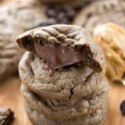 Chocolate Peanut Butter Truffle Cookies have a soft, gooey chocolate peanut butter truffle center.