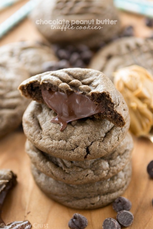 Chocolate Peanut Butter Truffle Cookies are a chocolate peanut butter cookie and they're filled with a peanut butter chocolate truffle!