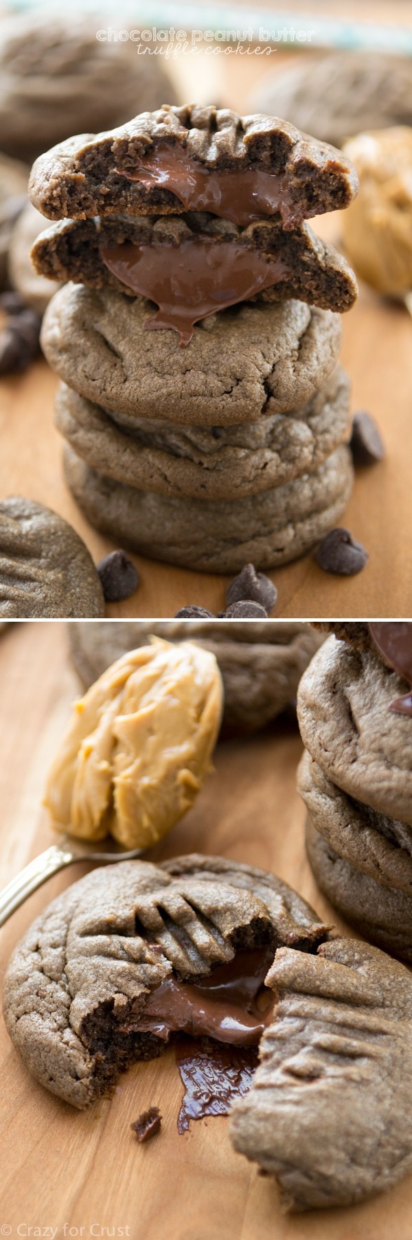 Chocolate Peanut Butter Truffle Cookies are a chocolate peanut butter cookie and they're filled with a peanut butter chocolate truffle!