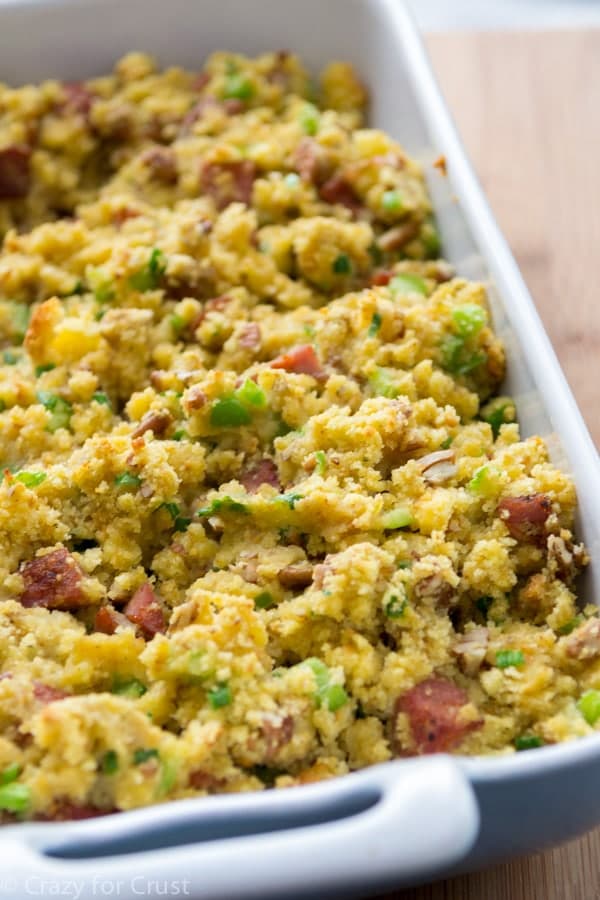 Cornbread Stuffing in a white casserole dish