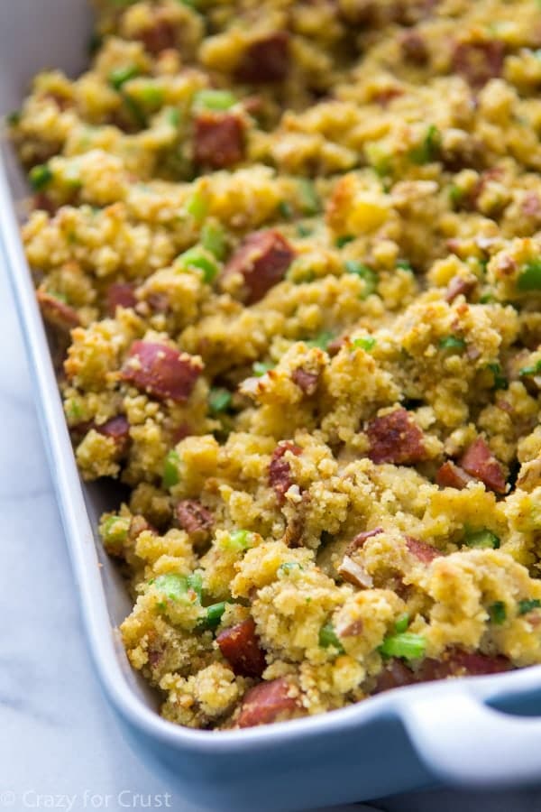 Cornbread Stuffing in a blue casserole dish