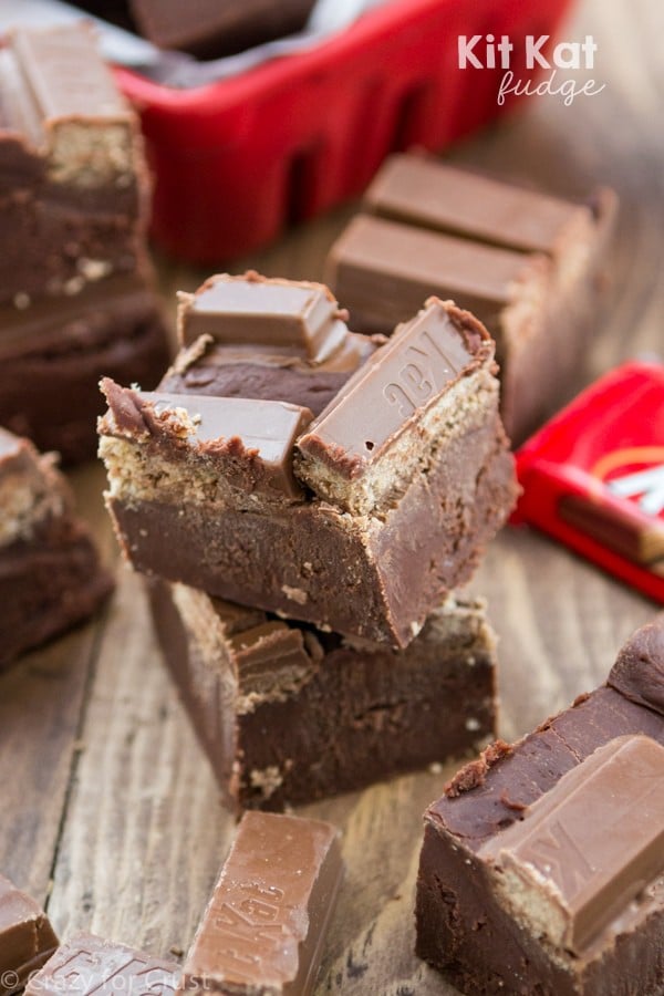 Kit Kat bars on top of chocolate Fudge in a stack