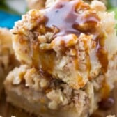 stack of pear pie bars with caramel on top