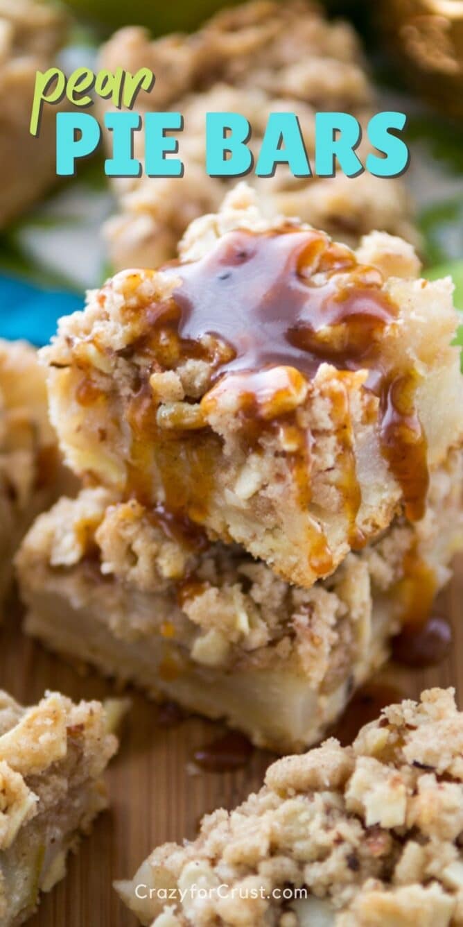stack of pear pie bars with caramel on top
