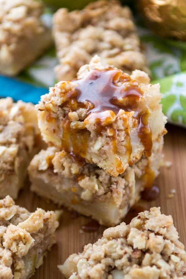 stack of pear pie bars with caramel on top