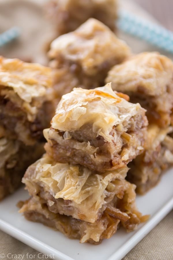 Pecan Pie Baklava has layers of flaky phyllo with pecans, butter, and a pecan pie flavored syrup!