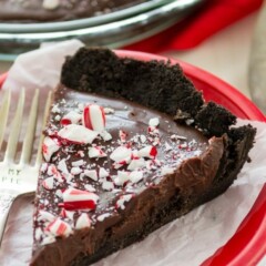 Peppermint Ganache Pie made with peppermint flavored creamer.