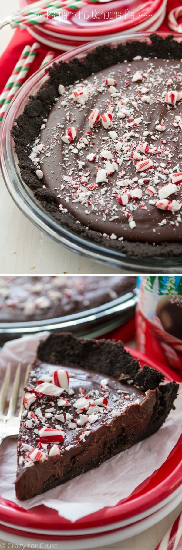 Peppermint Ganache Pie with an Oreo Crust and filled with chocolate ganache that's been flavored with peppermint!