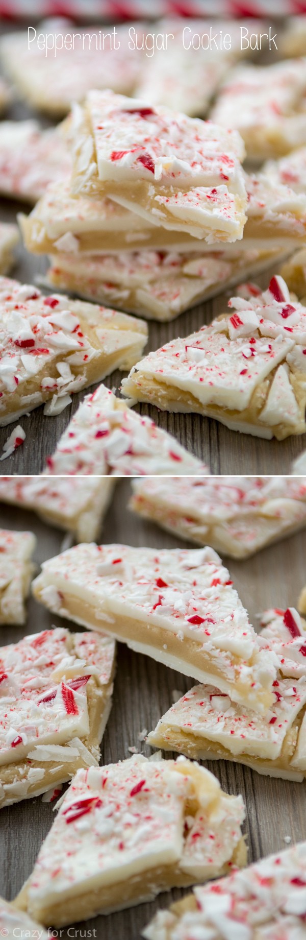 Peppermint Sugar Cookie Dough Bark - a layer of eggles sugar cookie dough between white chocolate and topped with crushed candy canes!