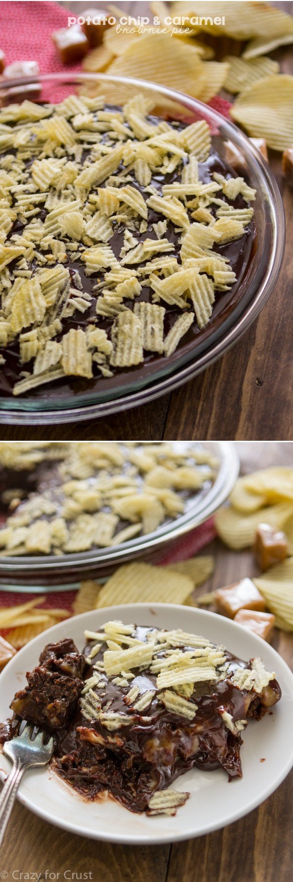 Potato Chip Caramel Brownie Pie is the ultimate recipe! Brownie Pie topped with caramel and chocolate ganache and potato chips for the best salty sweet combination ever! 