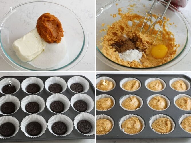 4 photos showing how to make mini pumpkin cheesecakes