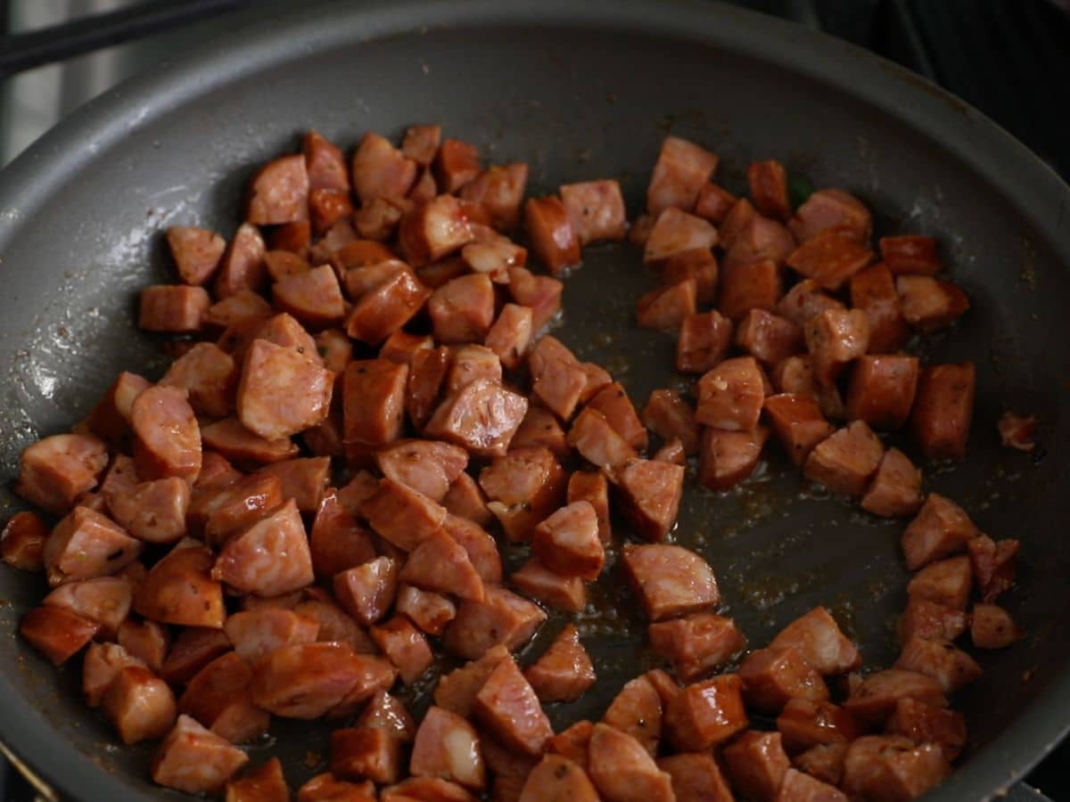 diced sausage in skillet