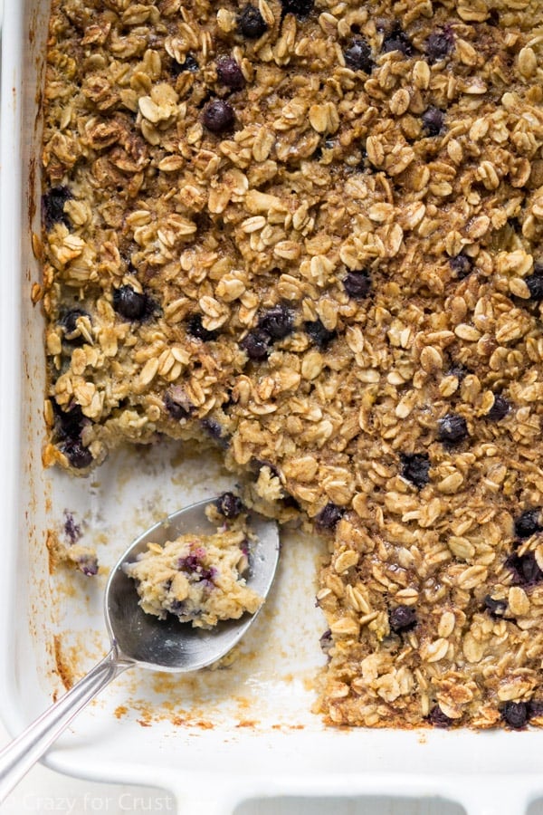 Casserole dish overhead shot of blueberry oatmeal 