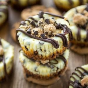 Chocolate Chip Cookie Cheesecakes have a chocolate chip cookie crust and cookie dough cheesecake.