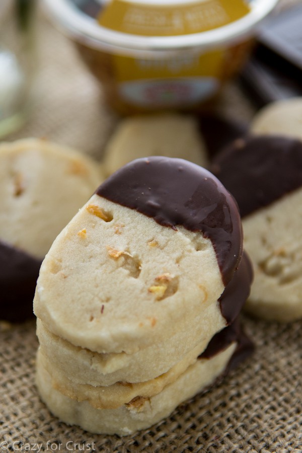 Chocolate Dipped Ginger Shortbread Cookies - buttery cookies filled with lightly dried ginger and dipped in chocolate. And their easy to make because their slice and bake!