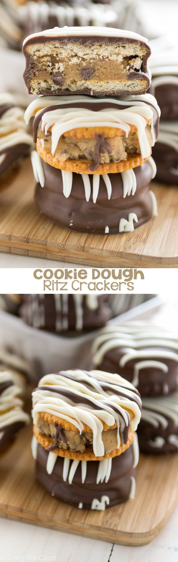Cookie Dough Ritz Crackers have eggless chocolate chip cookie dough sandwiched between two Ritz crackers and then dipped in chocolate.