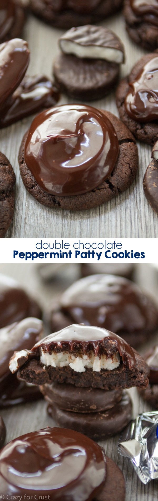 Double Chocolate Peppermint Patty Cookies are the ultimate chocolate cookie recipe! The soft cookie is topped with a York Peppermint Patty and chocolate ganache!