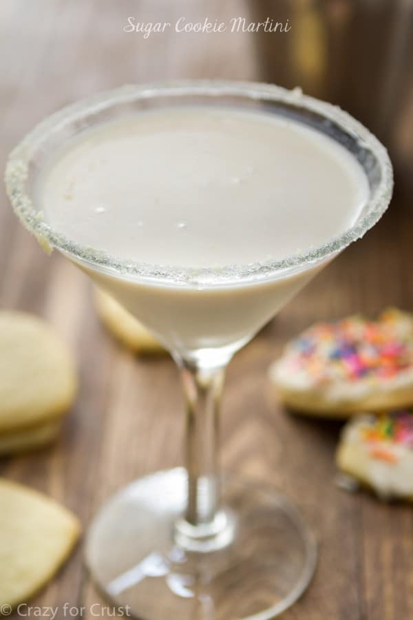 Sugar Cookie Martini in a martini glass rimmed with sugar