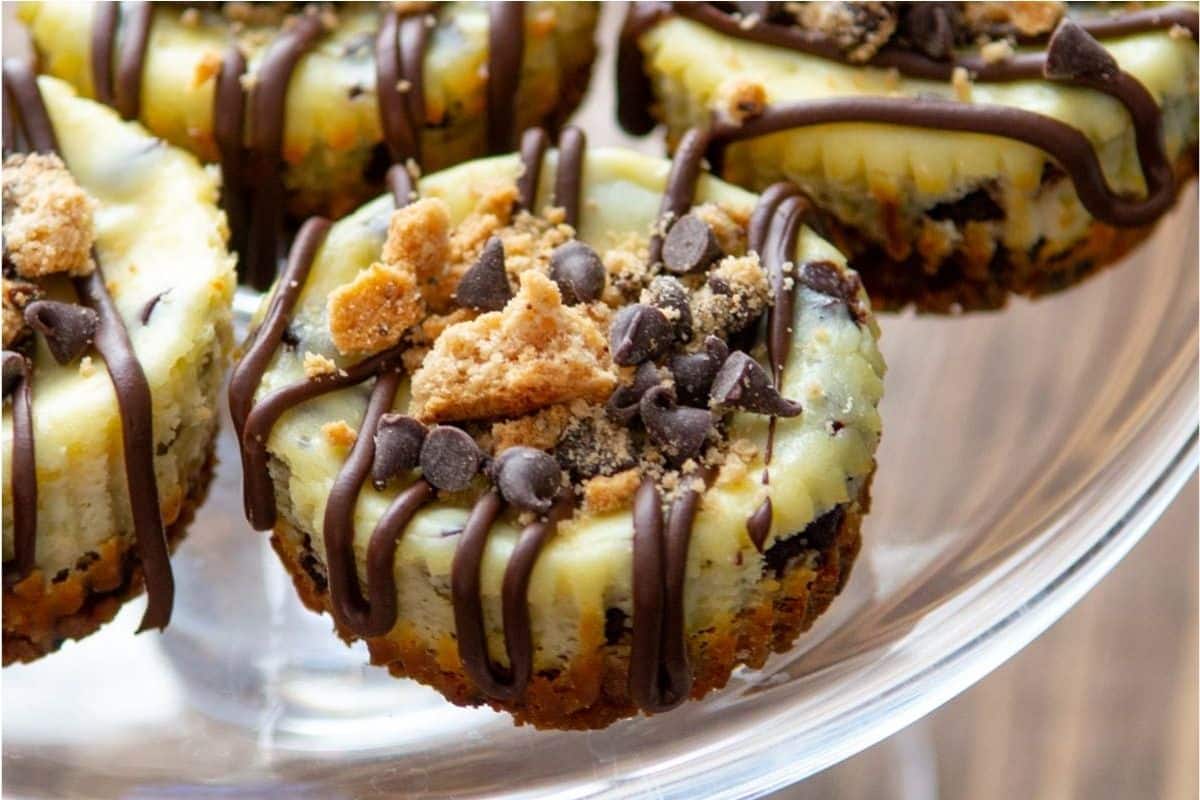 Close-up of several Chocolate Chip Cookie Cheesecakes topped with chocolate chips and cookie crumbles, finished with a decorative chocolate drizzle, arranged on a glass stand.