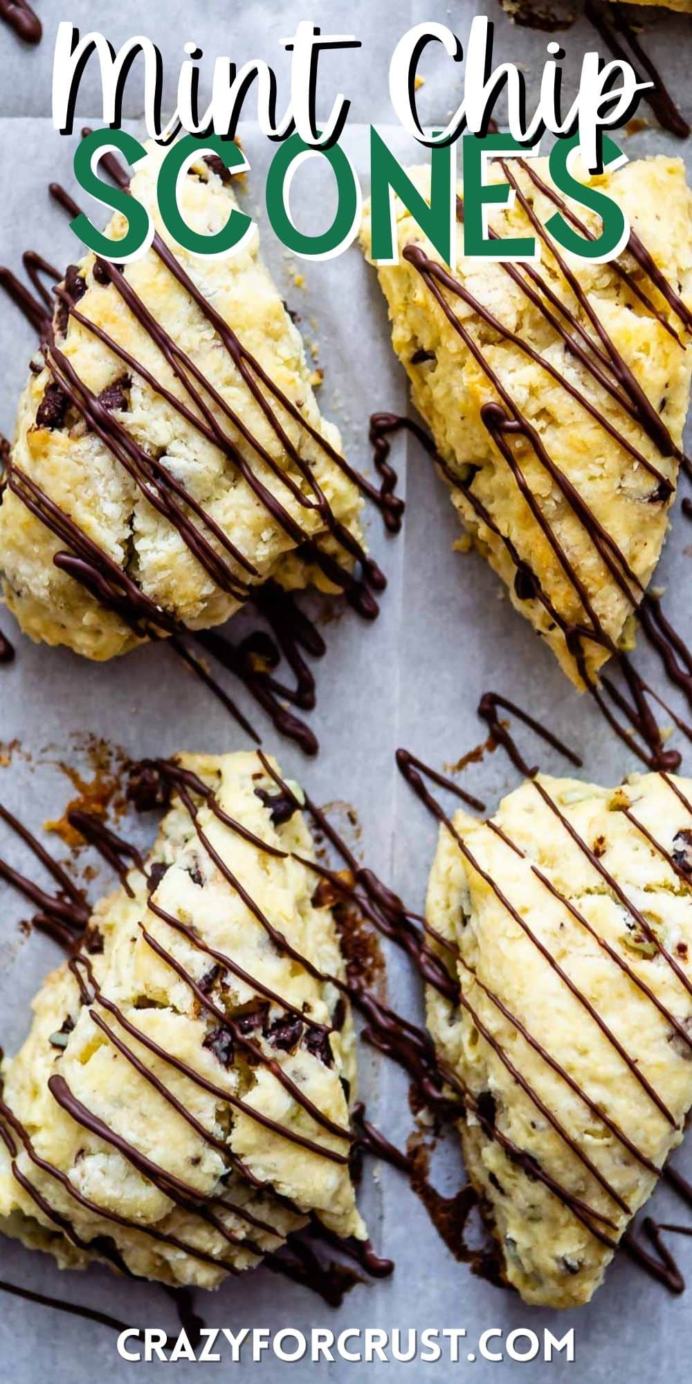 scones on a white plate with chocolate drizzled on top with words on top.