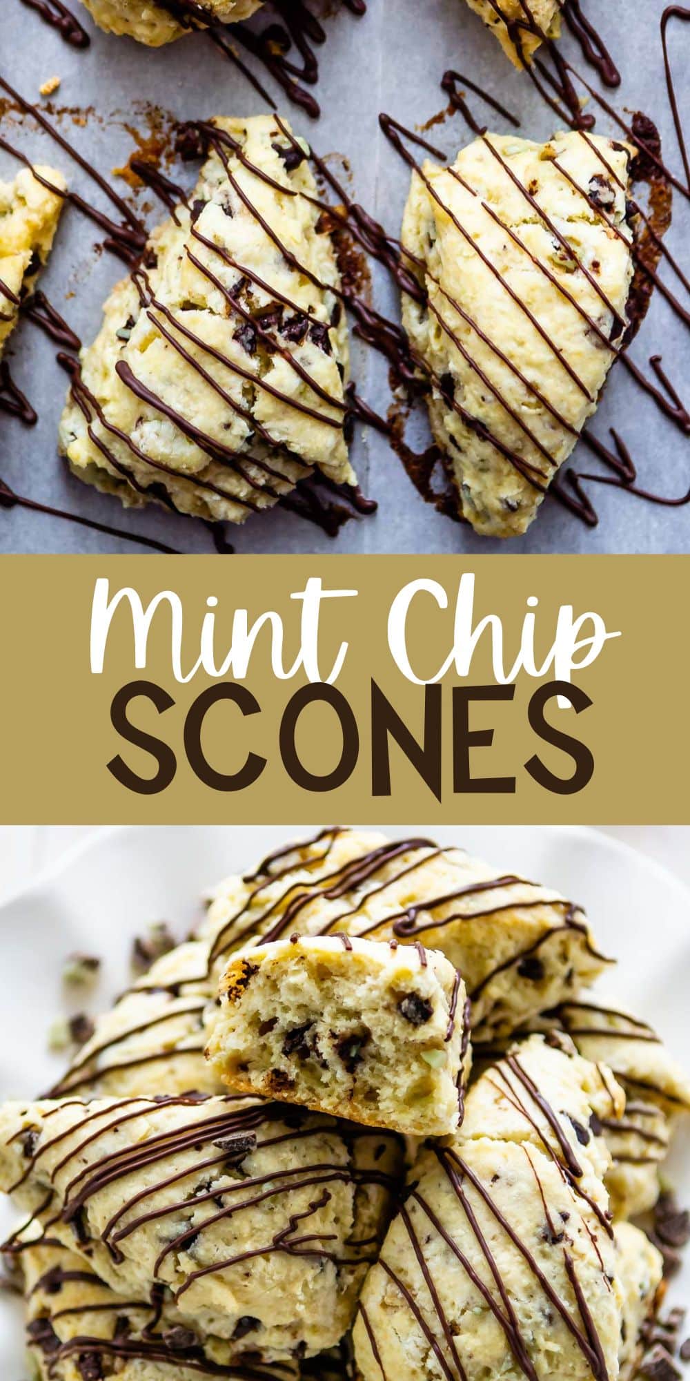 two photos of scones on a white plate with chocolate drizzled on top with words on top.