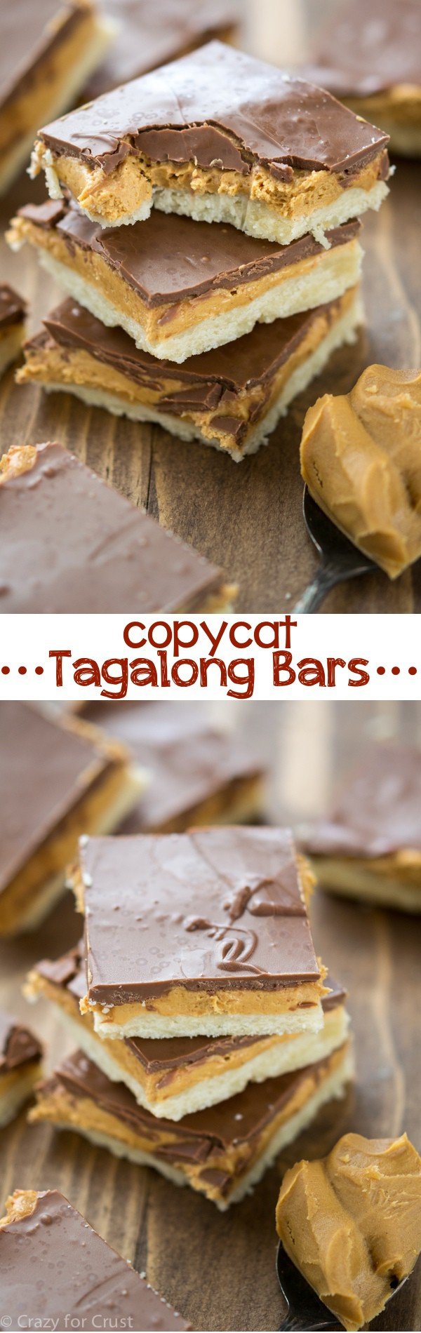 Homemade Tagalong Bars - a copycat of the girl scout cookie! Shortbread, peanut butter, and chocolate in bar cookie form!