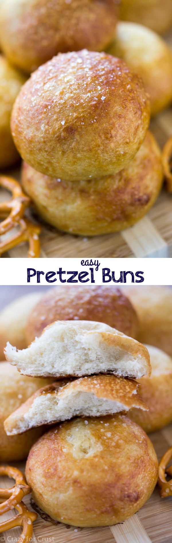 Easy Pretzel Buns made with frozen dinner rolls! Only 10 minutes of active work gets you amazing pretzel rolls!
