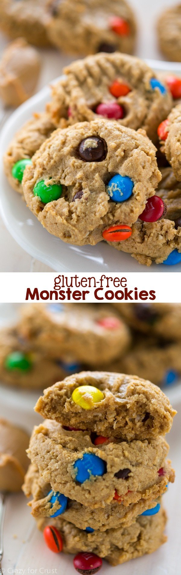 Gluten Free Monster Cookies are full of peanut butter, gluten free oats, and candy. No one will miss the gluten!