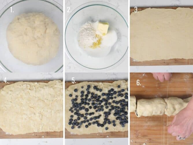 6 photos showing how to fill cinnamon rolls