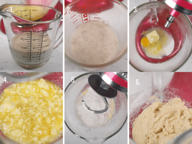 6 photos showing how to make sweet roll dough