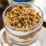 Chocolate Cheesecake Peanut Butter Granola Parfait in a stemmed parfait glass on a white plate with a spoon