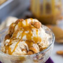 Easy Salted Caramel Peanut Butter Ice Cream in a glass bowl