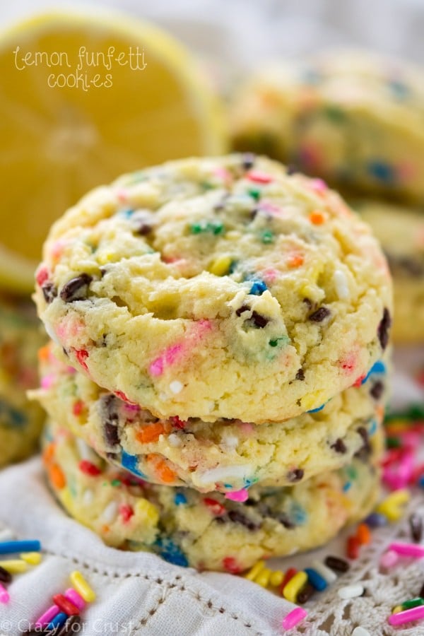 lemon cookies with sprinkles in a stack